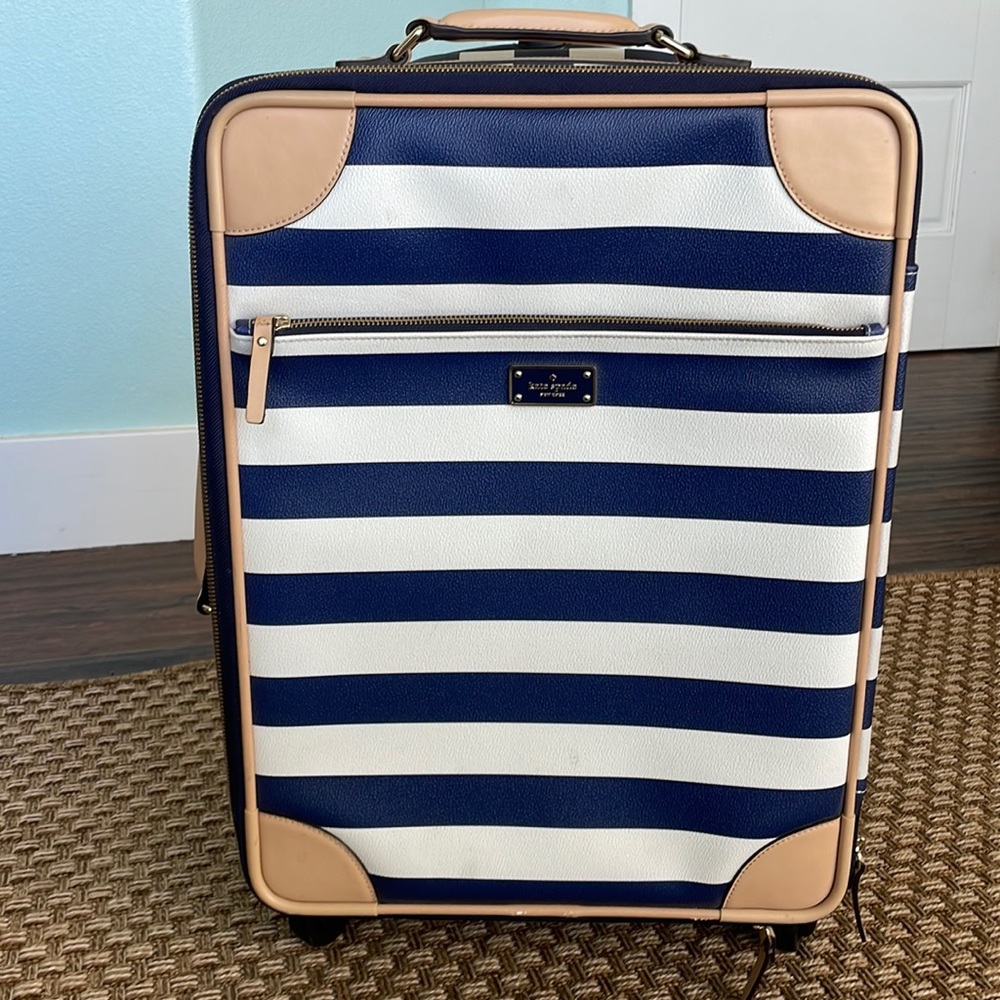 Authentic Kate Spade Bon Voyage Luggage Set Roller Bag Blue and White Stripe